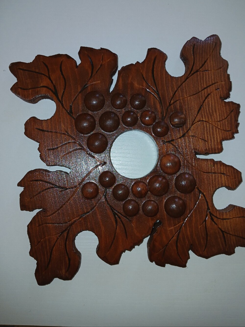 Handcrafted Brown Wooden Leaf Wall Decor with Center Mirror